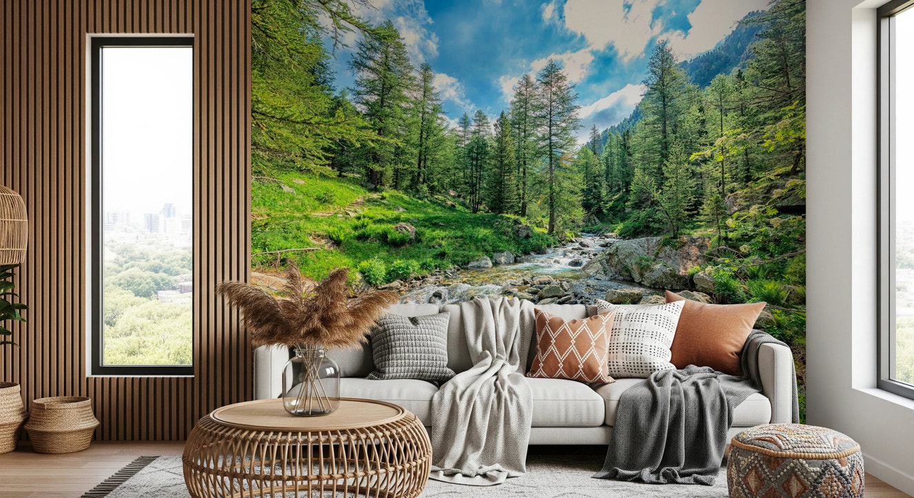 Forest stream wall mural for calm bedroom interior