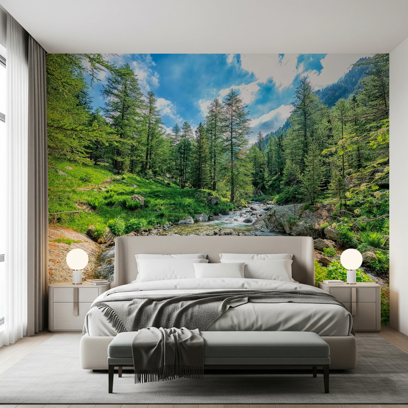 Alpine Stream Wall Mural in green nature living room