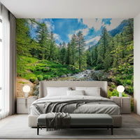 Alpine Stream Wall Mural in green nature living room