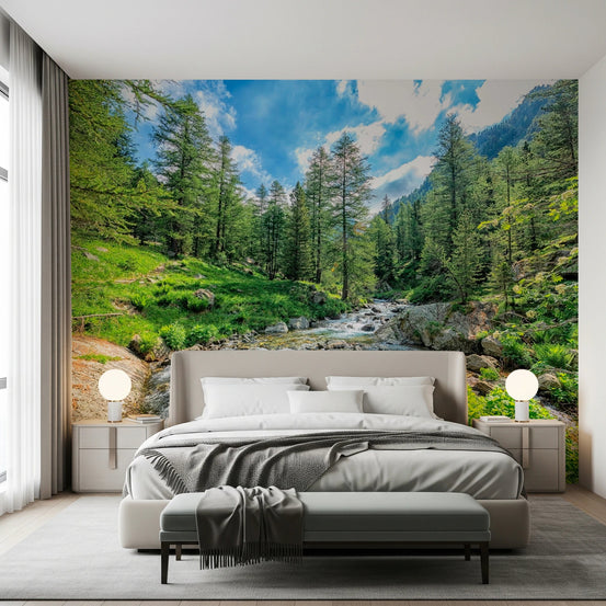 Alpine Stream Wall Mural in green nature living room, GD8207