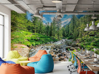 Mountain forest stream mural in earthy green tones