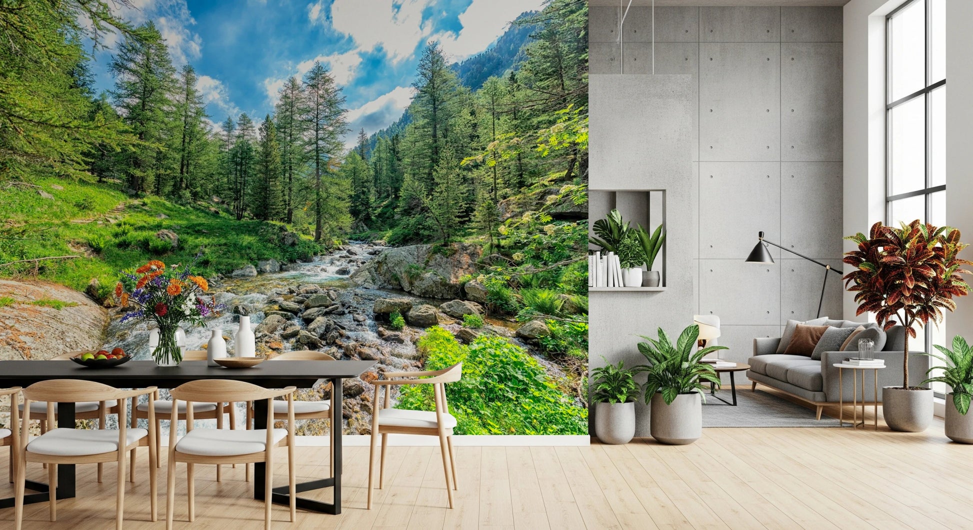 Nature wallpaper with alpine river for home walls