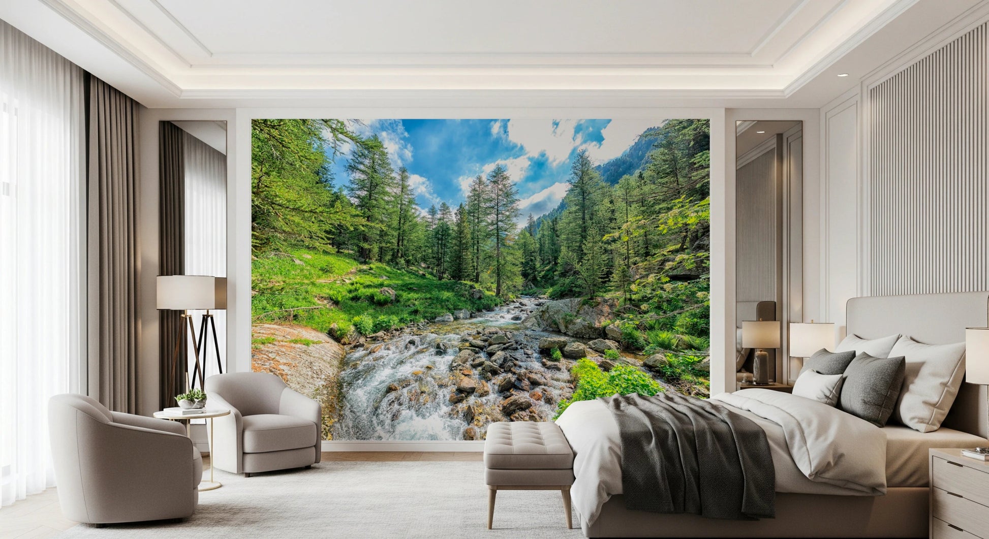 Alpine river wallpaper for minimalist home decor