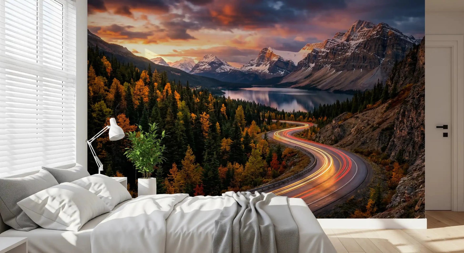 Scenic Alpine Sunset Drive wall mural with snowy mountains and lake reflection, GD9030