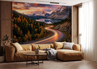 Mountain lake wall mural with glowing road trails and fall woodland detail, GD9030