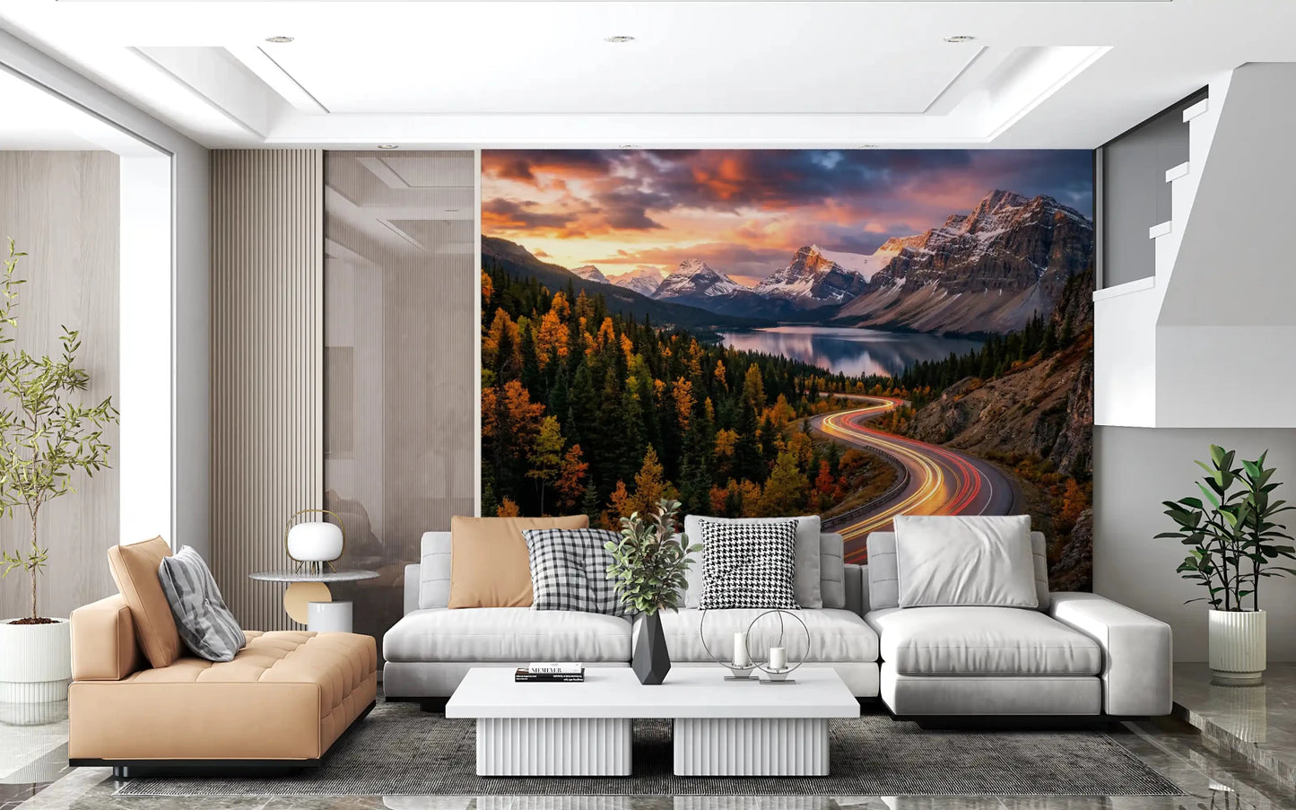 Living room styled with Alpine Sunset Drive wall mural beside an alpine lake, GD9030