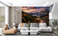 Living room styled with Alpine Sunset Drive wall mural beside an alpine lake, GD9030