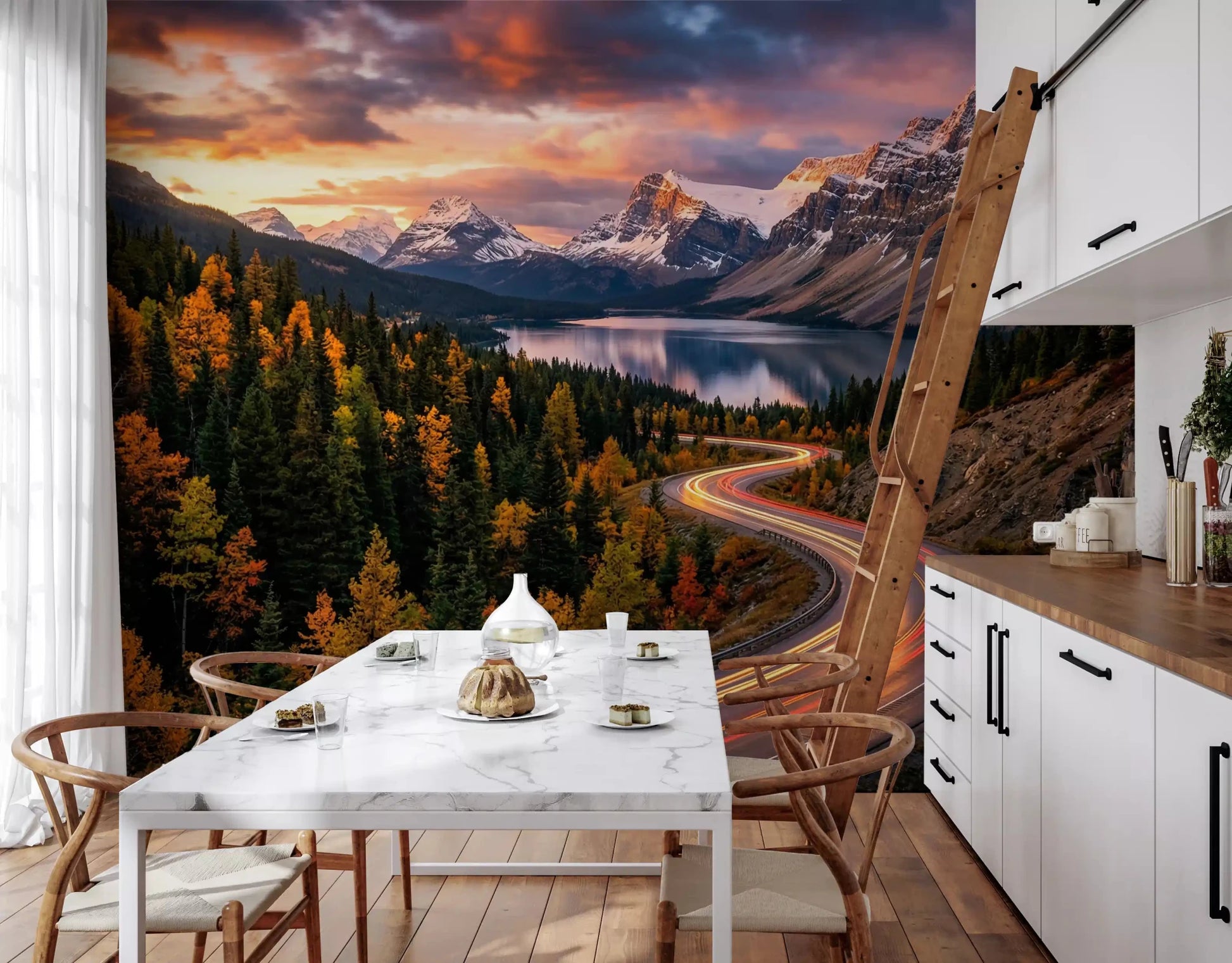 Kitchen using Alpine Sunset Drive wall mural with forest and peaks, GD9030