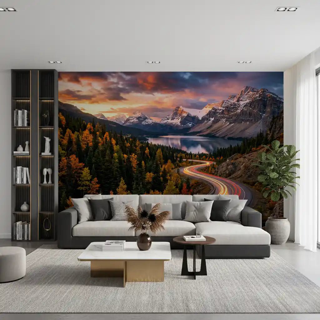 Alpine Sunset Drive wall mural showing a winding road through autumn pines, GD9030