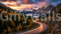 Nature scene wall mural with alpine forest, sunset sky, and sweeping road, GD9030