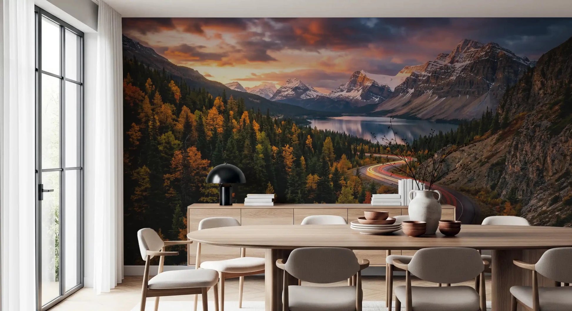 Dining room featuring Alpine Sunset Drive wall mural with sunset mountain scenery, GD9030