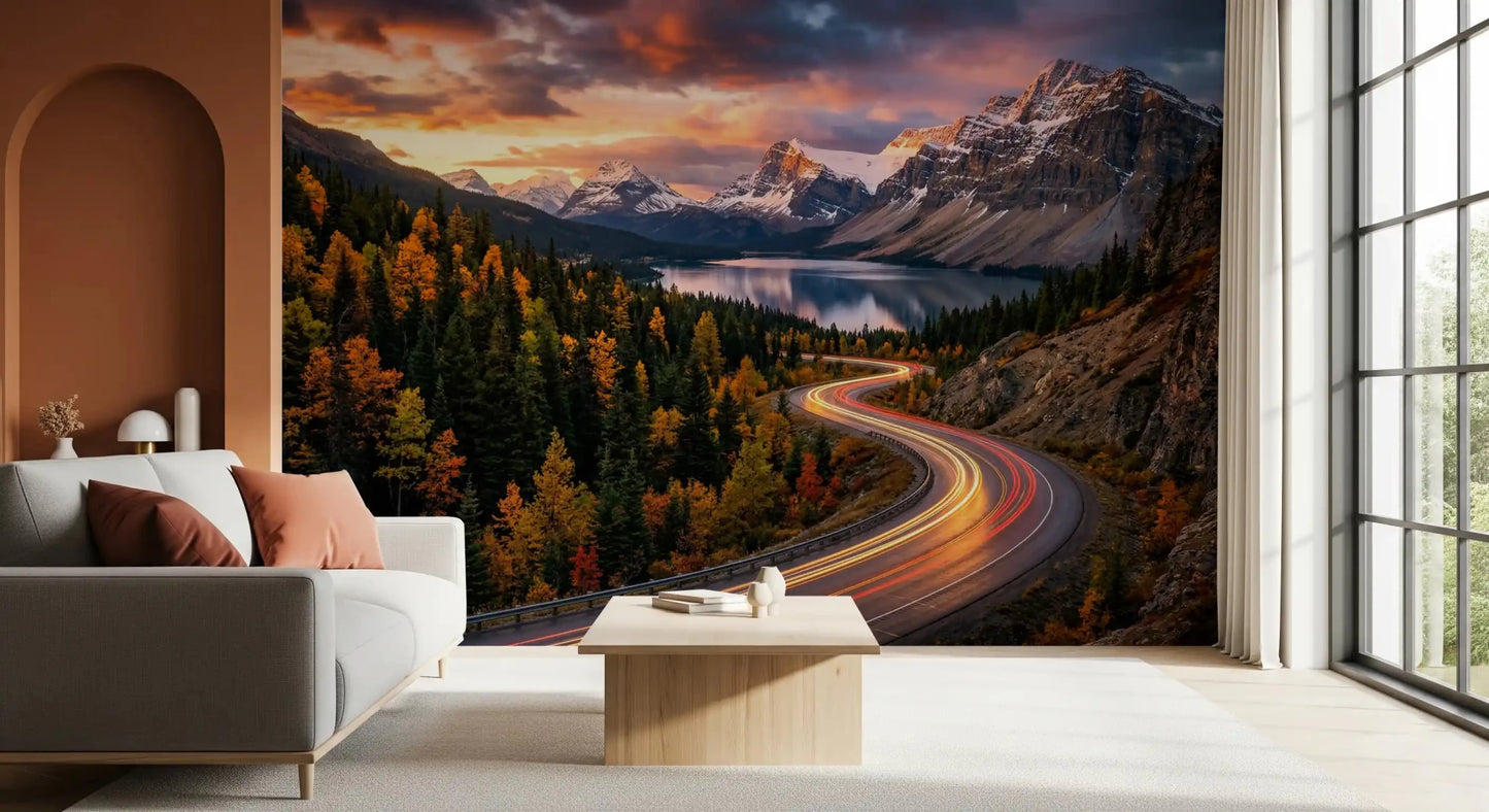 Alpine Sunset Drive wall mural capturing rocky peaks and a calm water view, GD9030