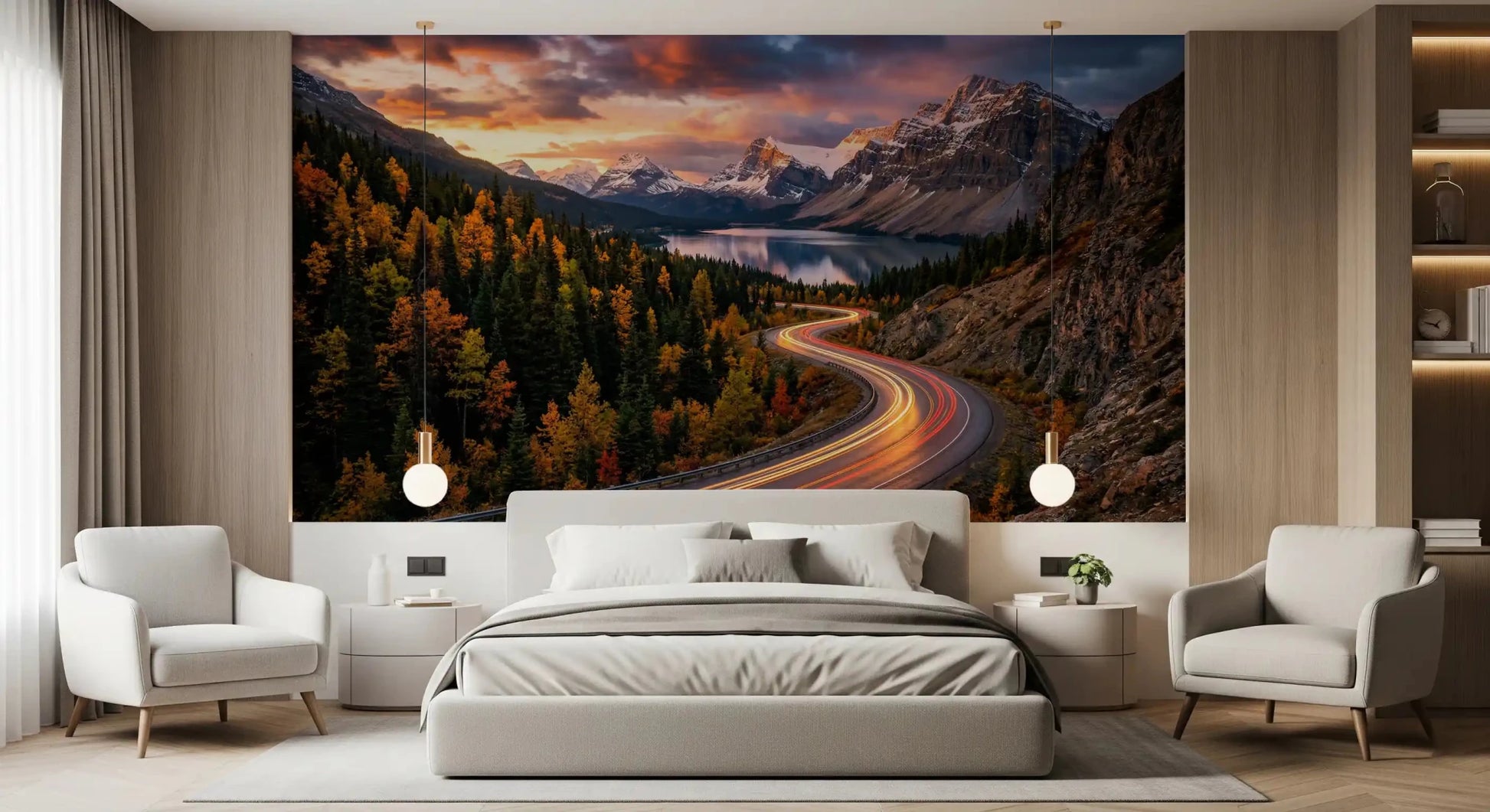 Bedroom with Alpine Sunset Drive wall mural and glowing mountain road, GD9030