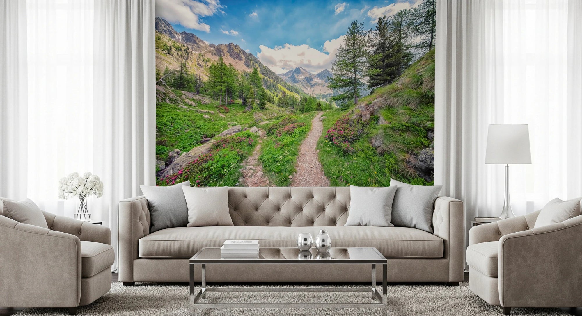 Alpine Trail Wall Mural in green mountain pathway, GD8206