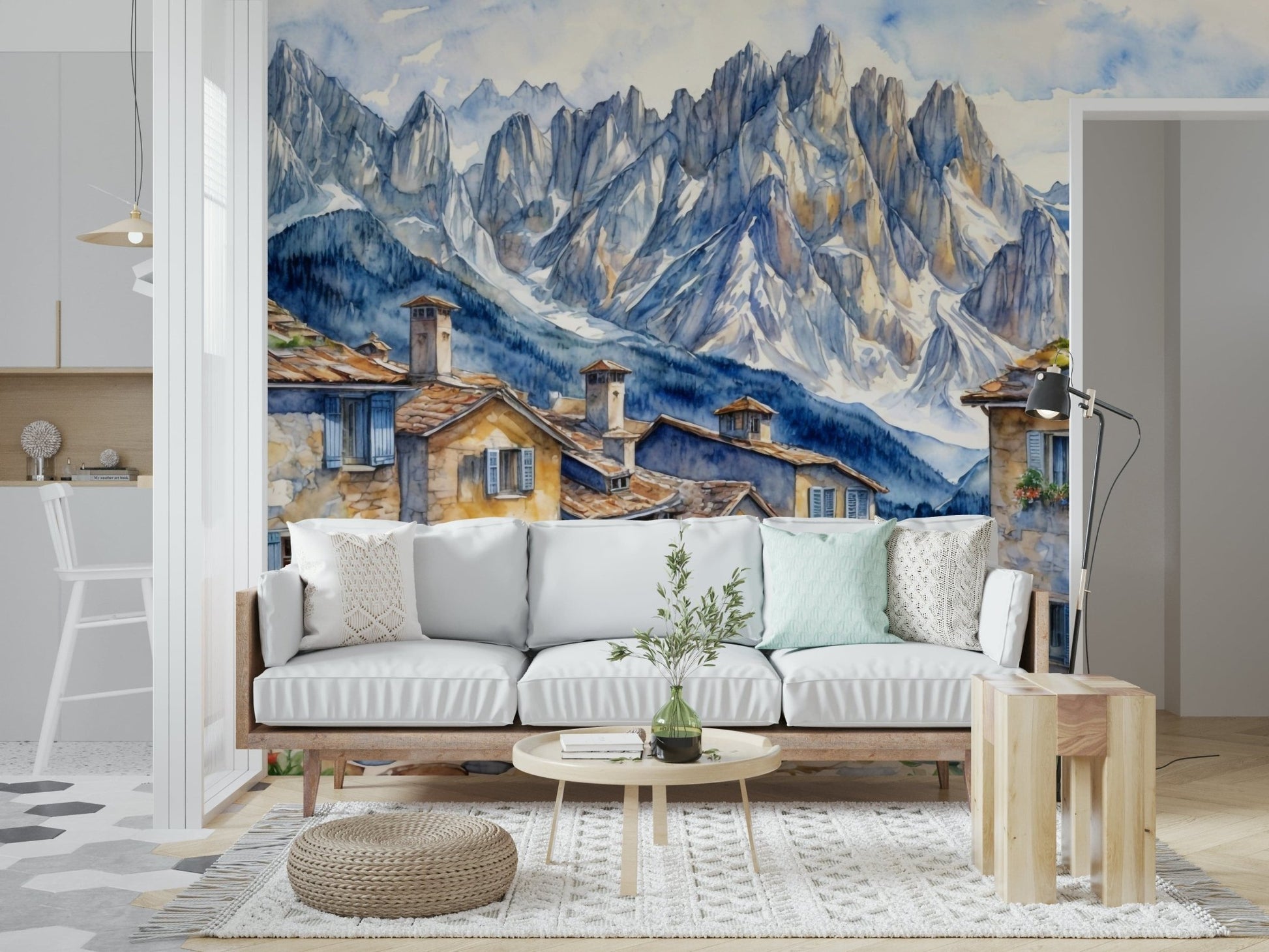 Alpine Village Dream Wall Mural in a cozy living room wallpaper