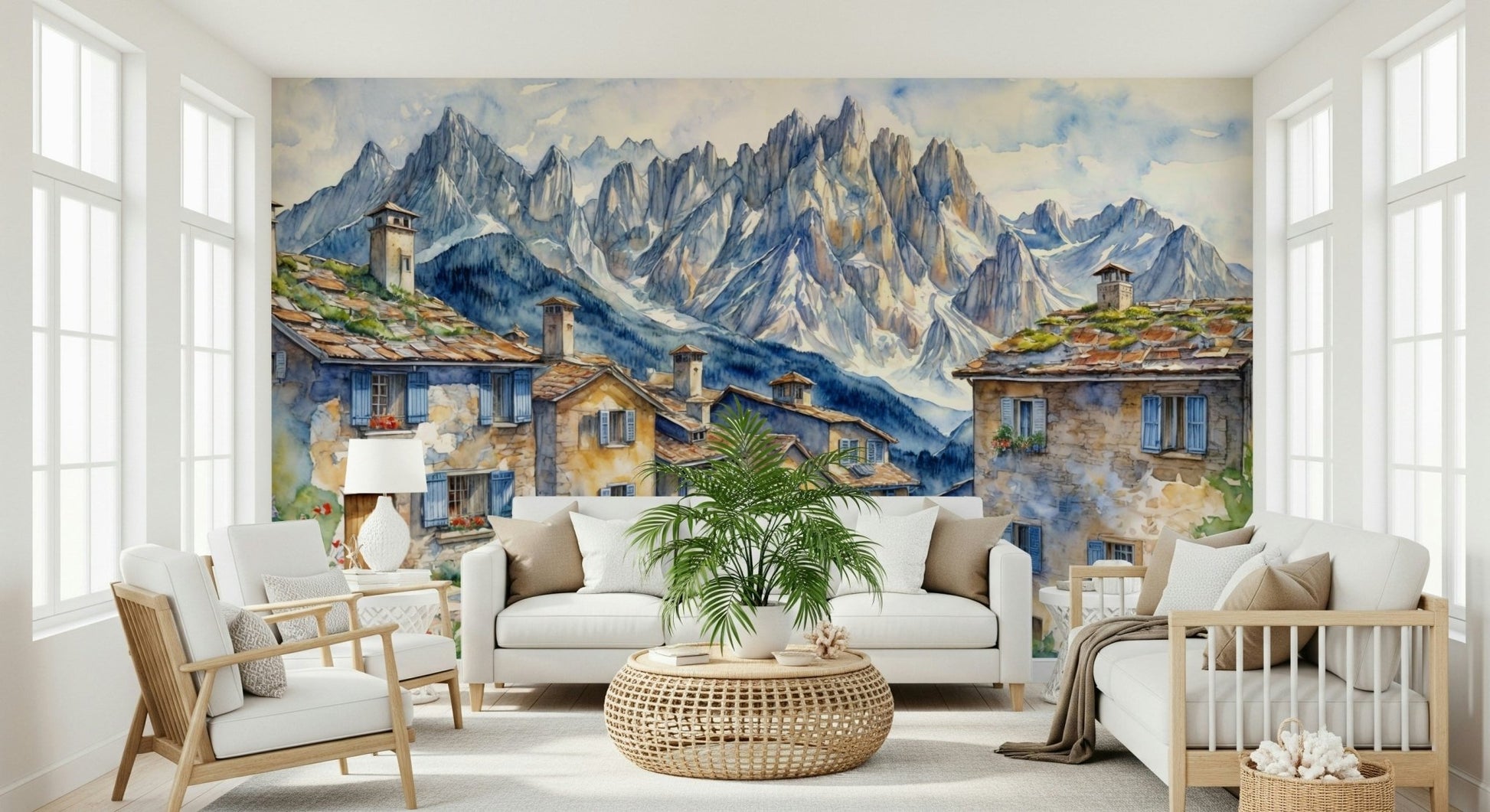 Alpine Village Dream Wall Mural with blue skies and pine trees