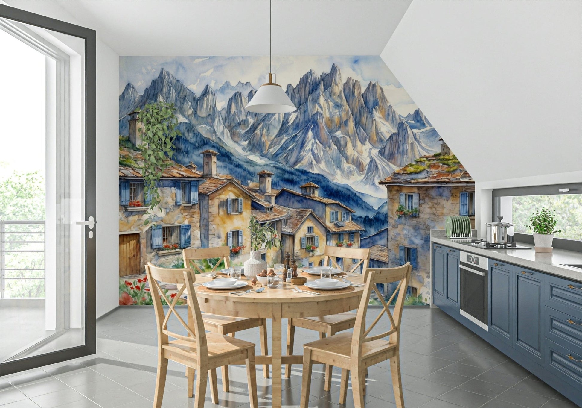 European style mountain wallpaper for a library or study room