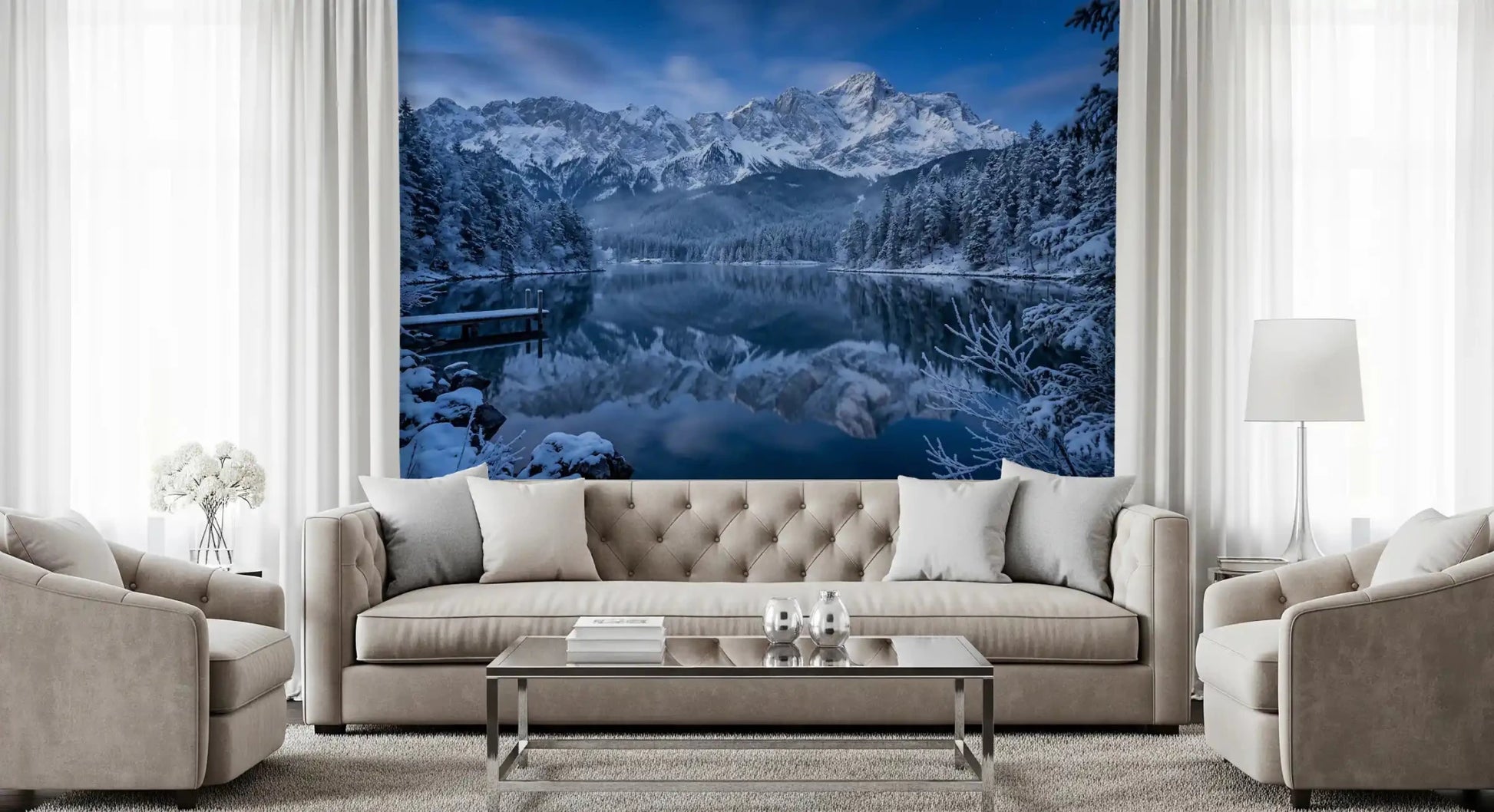 Cool blue mountain view across this Winter Reflection wall mural
