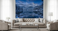 Cool blue mountain view across this Winter Reflection wall mural