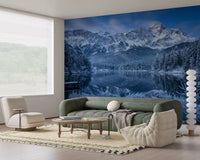 Living room wall with Alpine Winter Reflection wall mural in blue tones