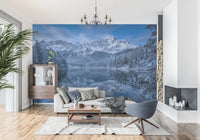 Snowy mountain panorama in Alpine Winter Reflection wall mural
