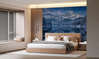 Bedroom styled with Winter Reflection wall mural and snowy lake scene
