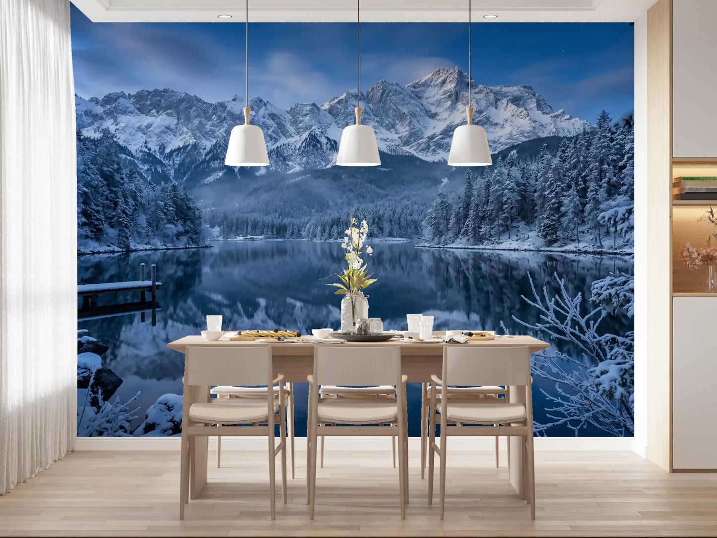 Crisp snow peaks and still water in Alpine Winter wall mural