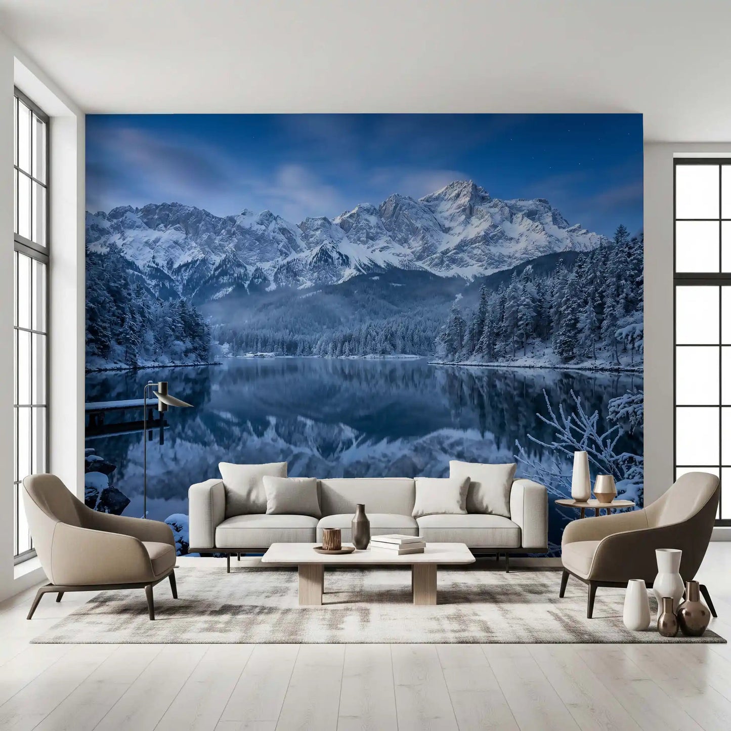 Hallway featuring Alpine Reflection wall mural with frozen peaks