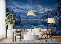 Office wall finished in Alpine Winter wall mural with calm water