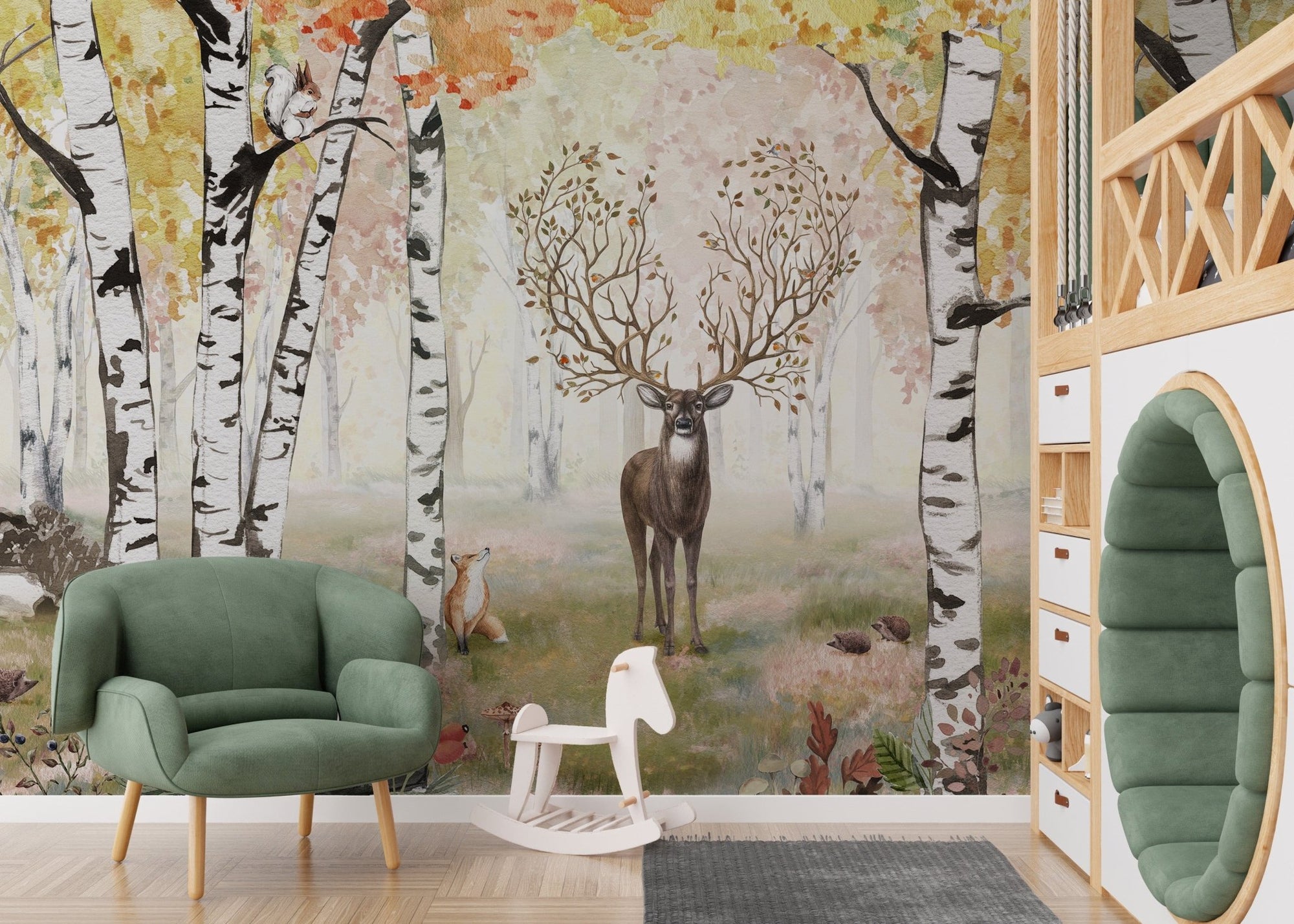 Deer with tree-like antlers in an autumn birch forest. KB01