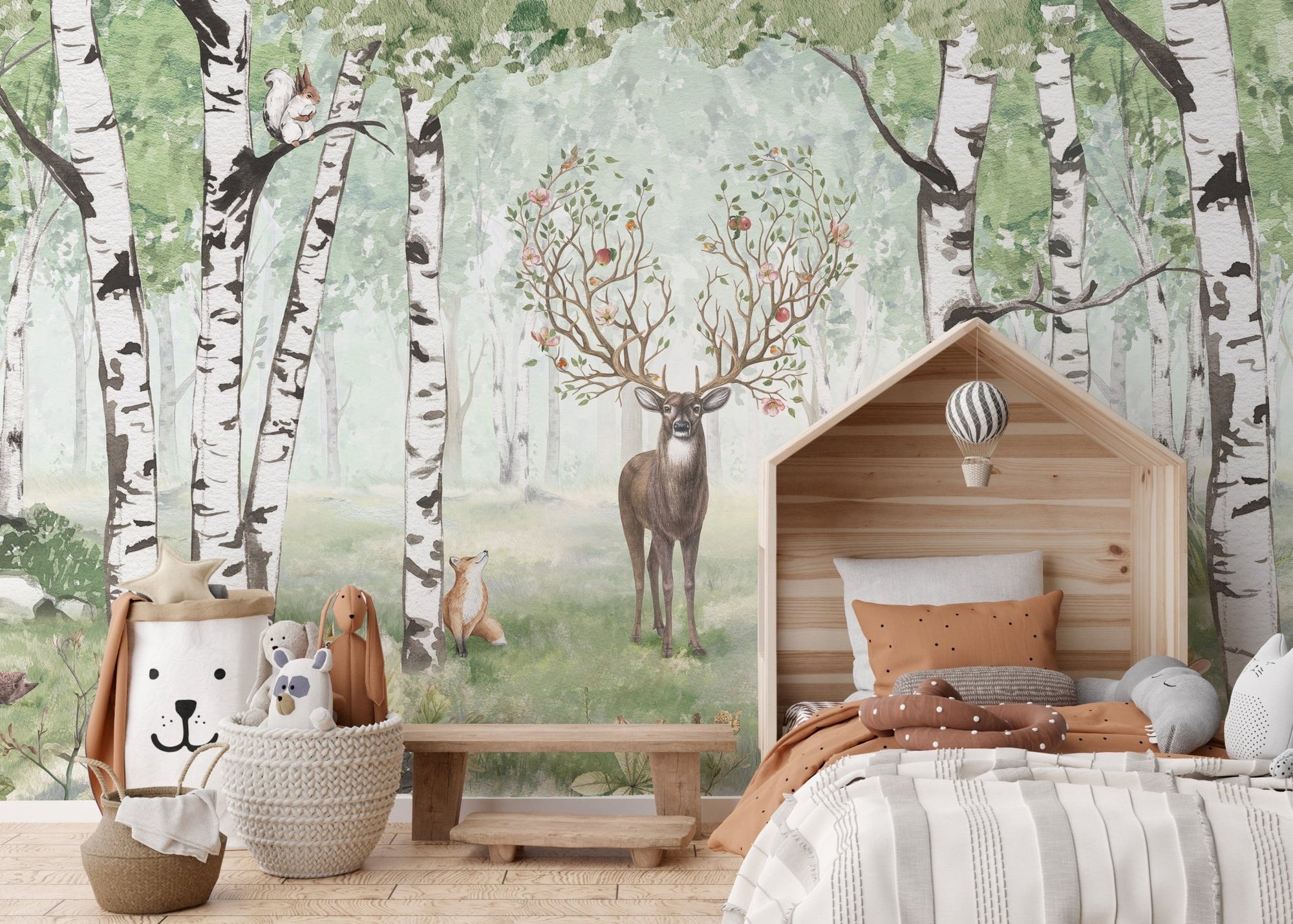 Majestic deer with blooming antlers in a summer forest KB02