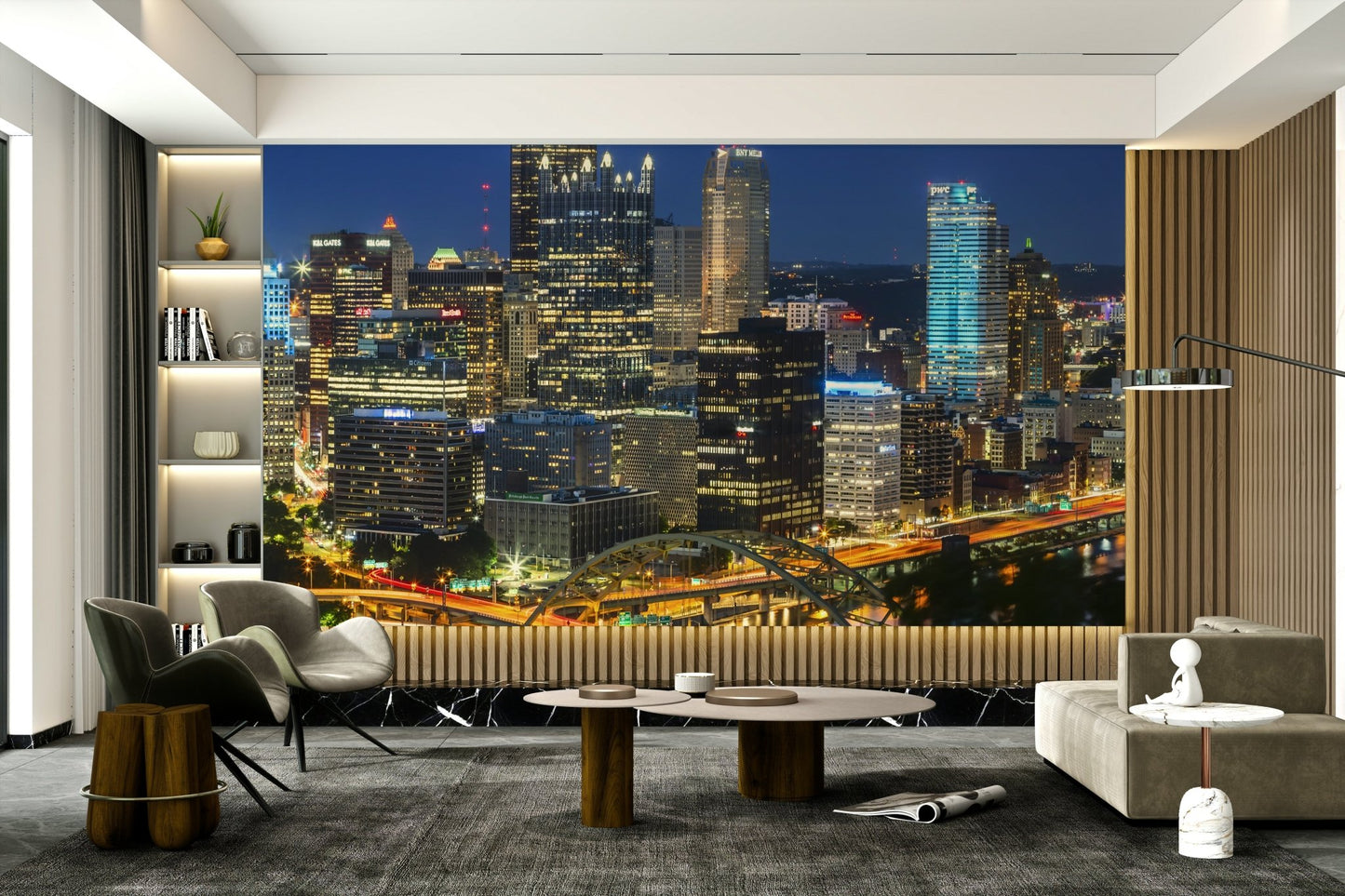 Modern Pittsburgh skyline mural with city lights at night

