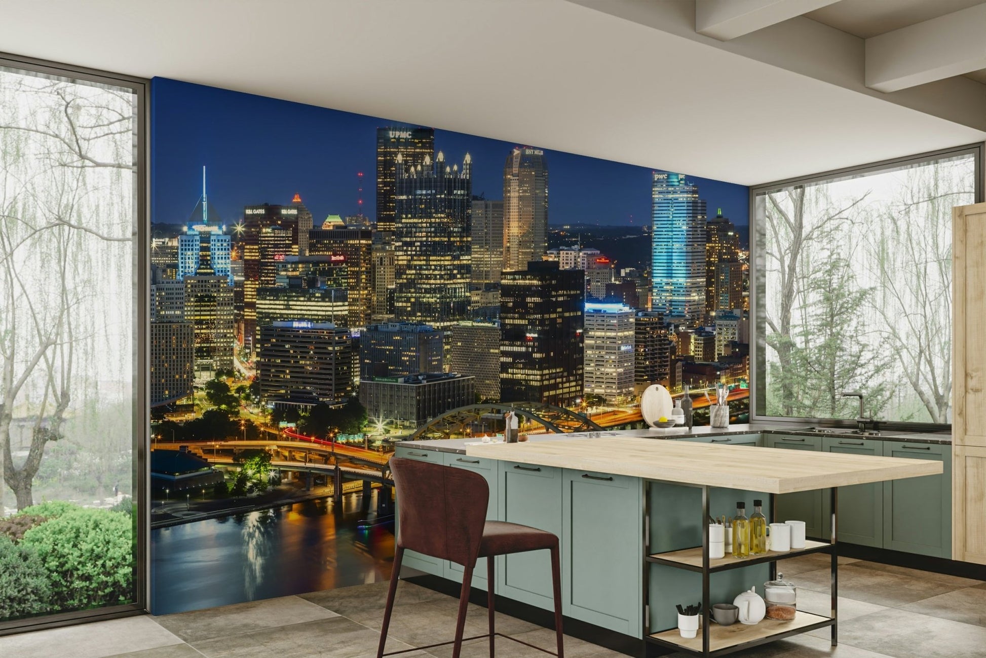 Iconic Pittsburgh skyline in the evening mural for bedrooms

