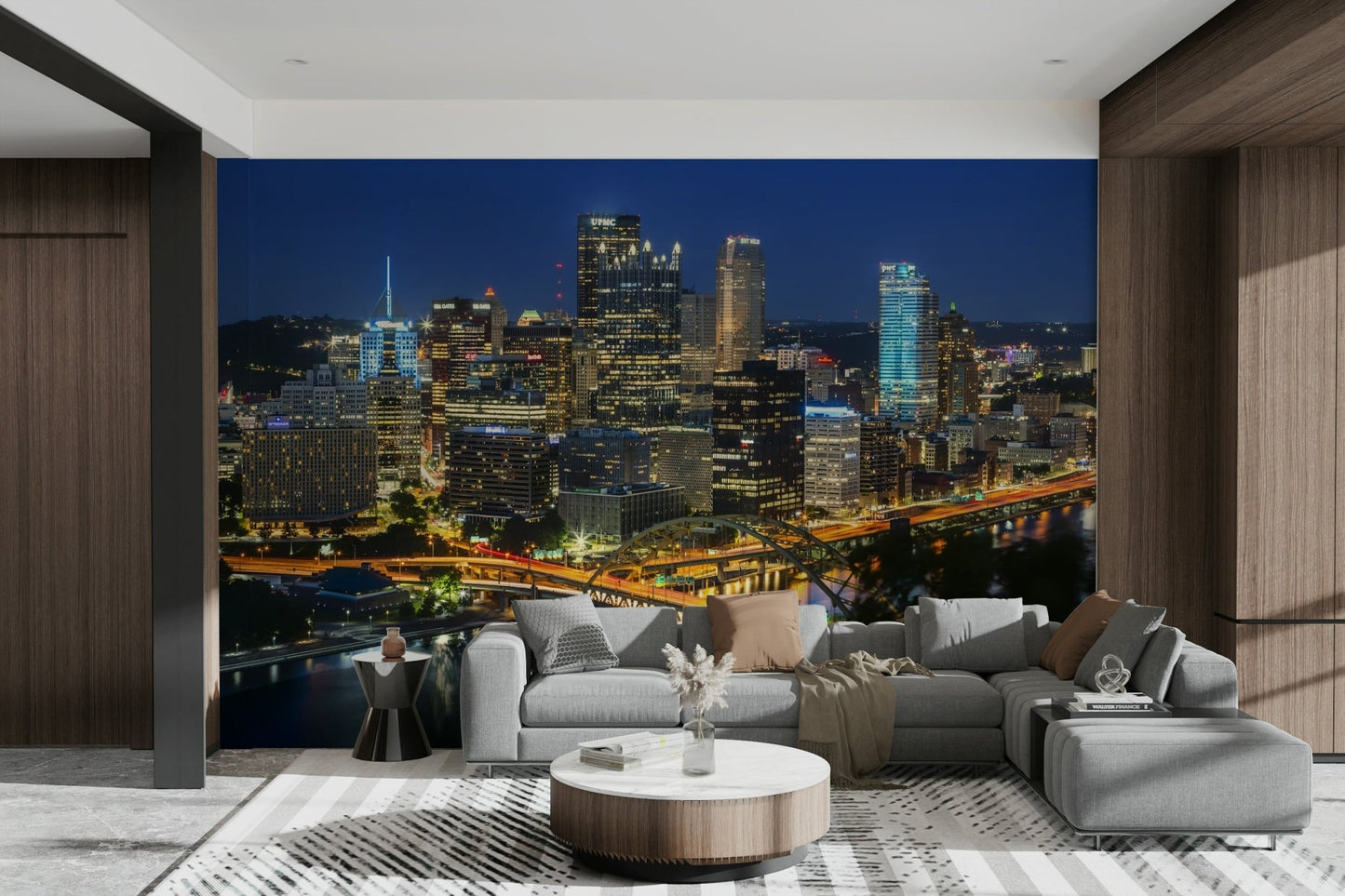 Illuminated Pittsburgh skyline at night wall mural for offices

