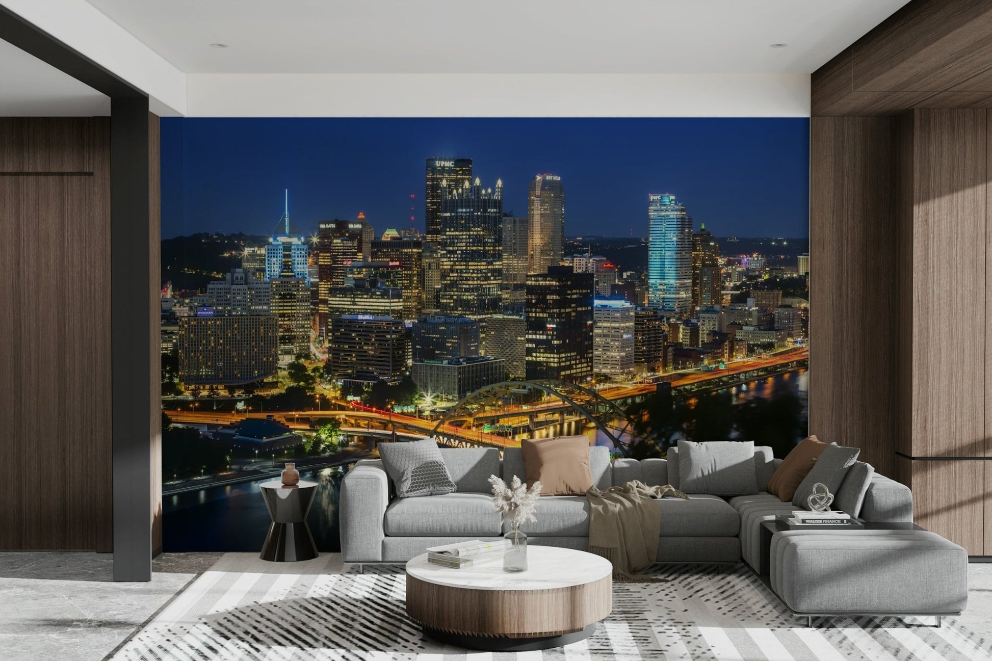 Illuminated Pittsburgh skyline at night wall mural for offices

