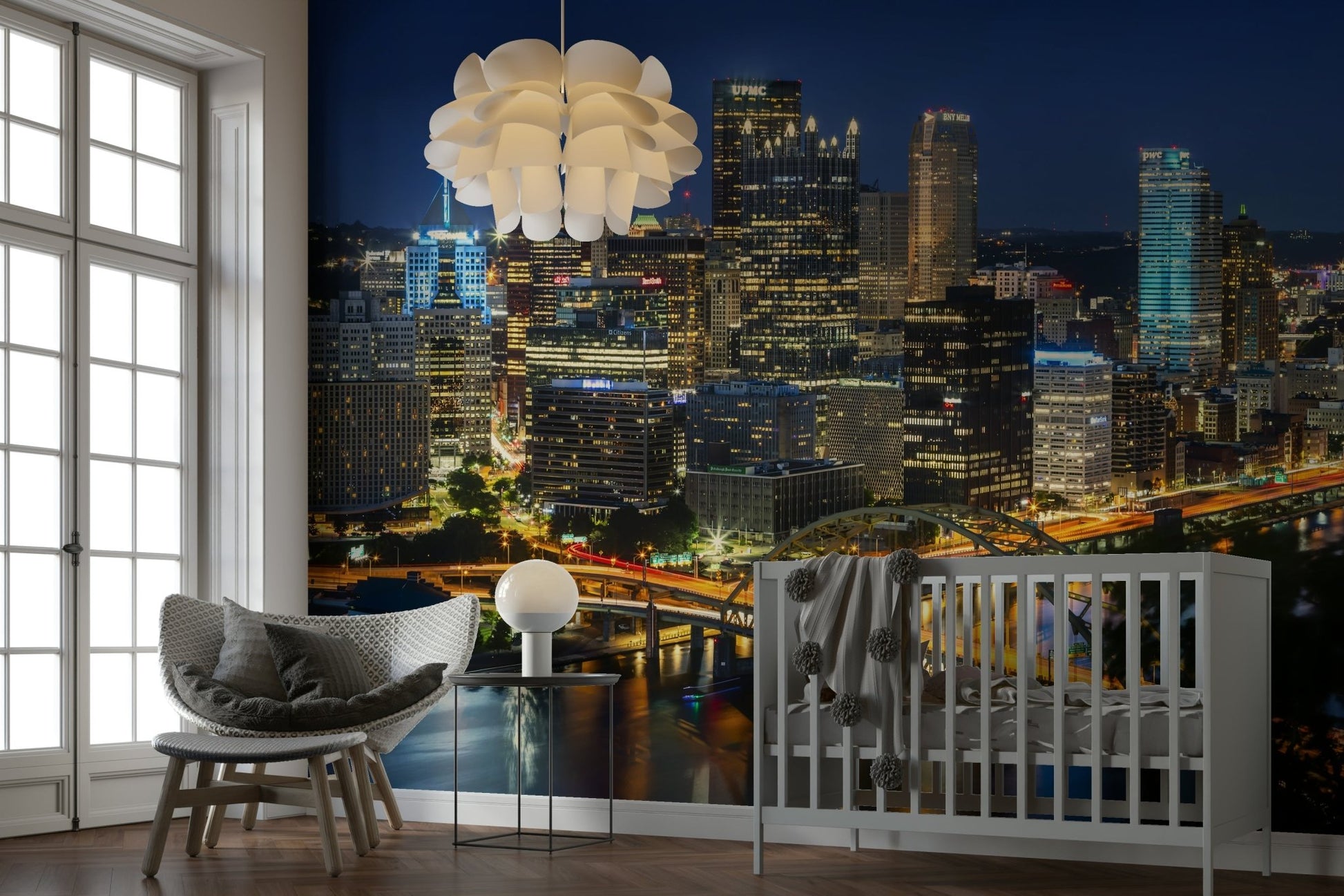 Gorgeous Pittsburgh skyline evening mural for living rooms

