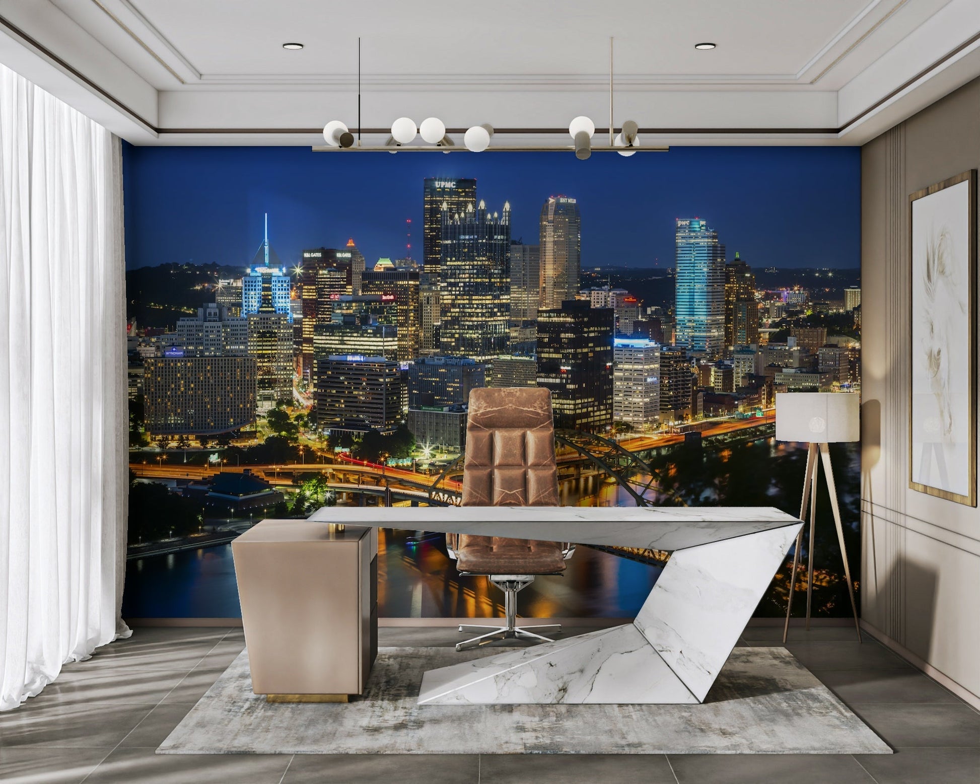 Stunning Pittsburgh cityscape mural at dusk with bridges

