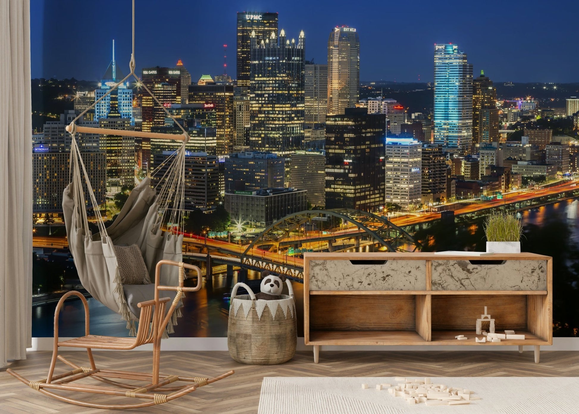 Breathtaking Pittsburgh skyline mural with city lights at dusk

