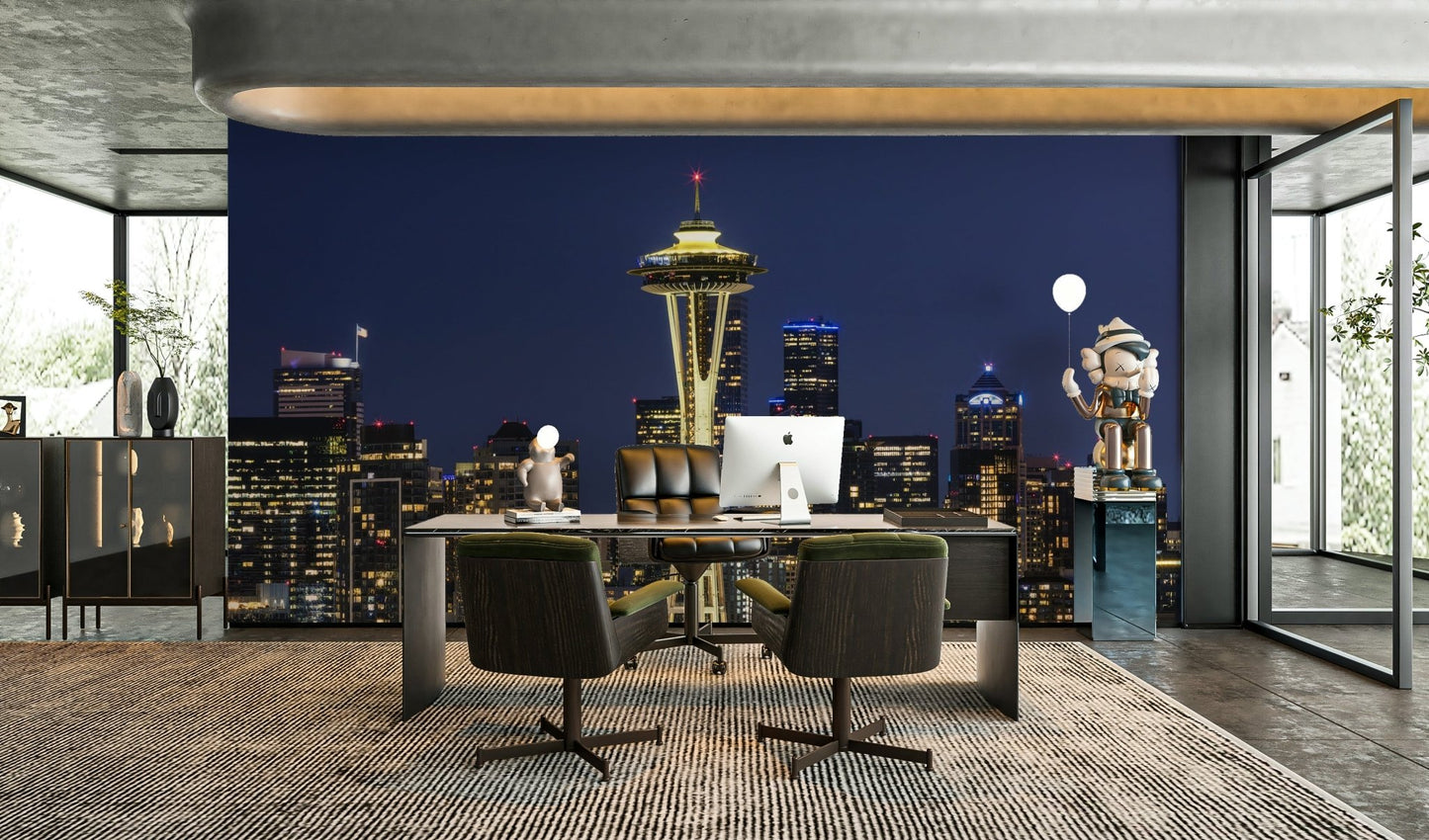 Captivating Seattle skyline mural with blue hour lighting

