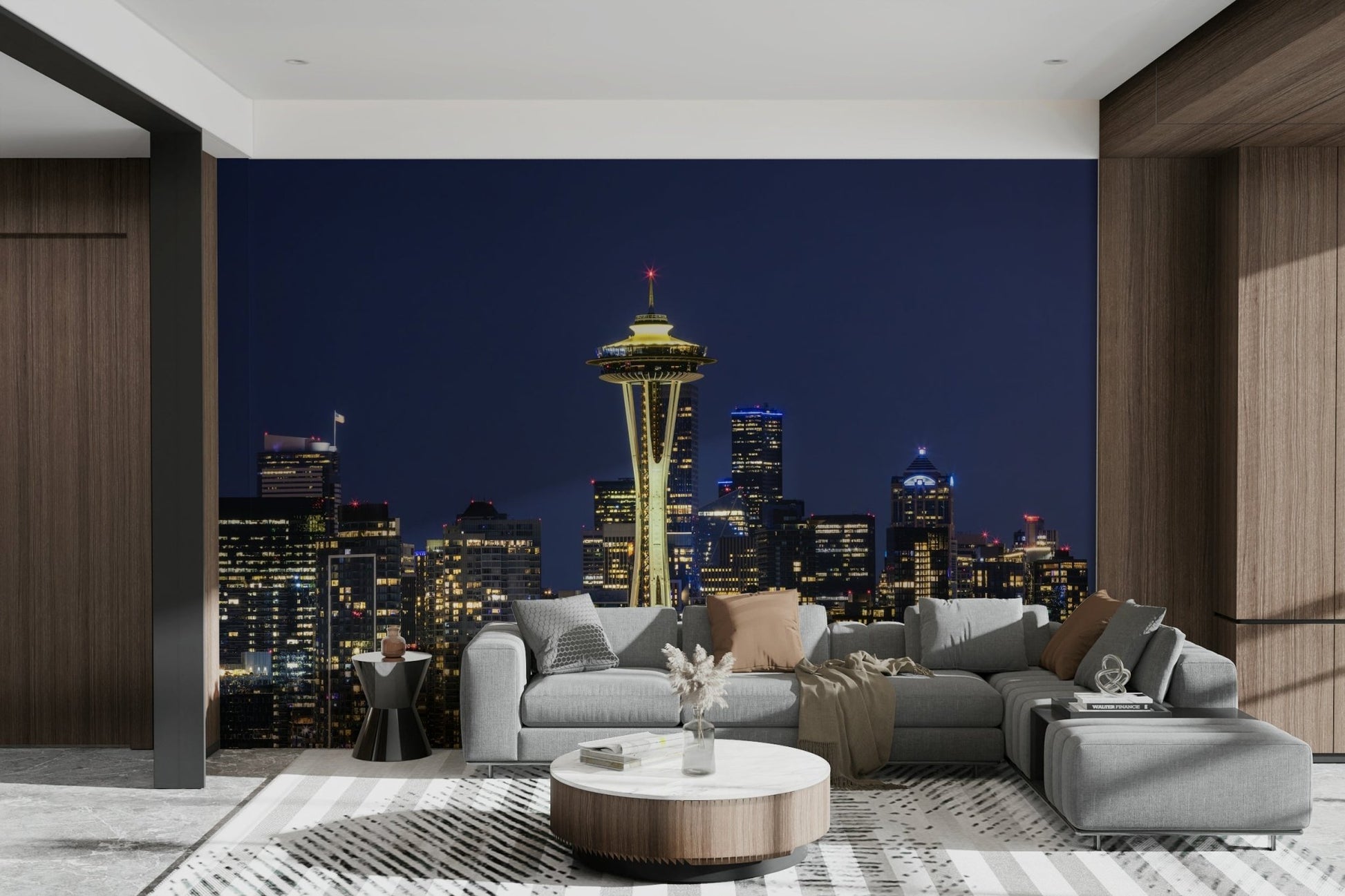 Iconic Seattle skyline with Space Needle mural at twilight

