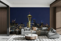 Iconic Seattle skyline with Space Needle mural at twilight

