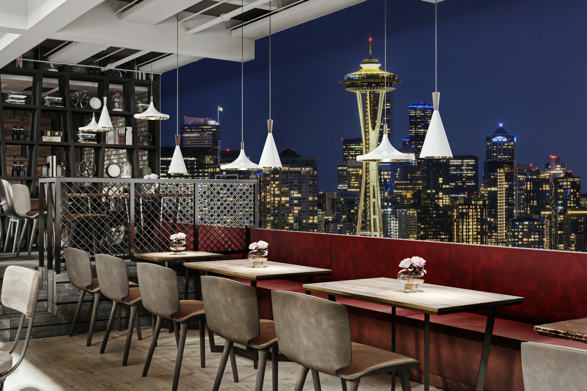 Beautiful blue hour Seattle skyline mural for modern rooms

