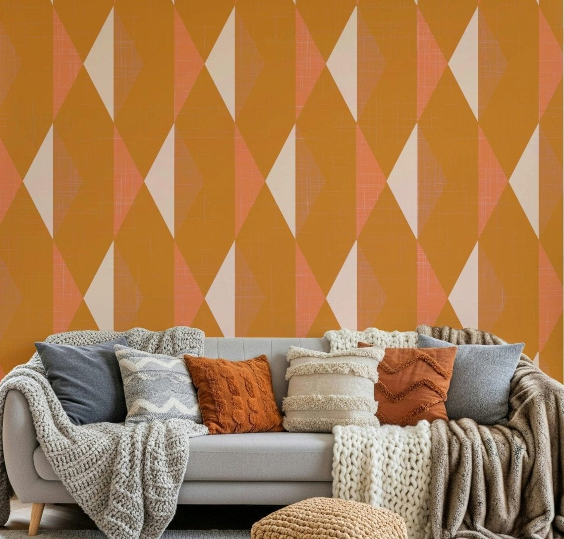 Soft amber geometry sets a warm tone across this living room wall mural backdrop, GD7072