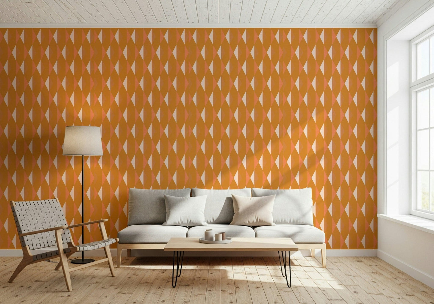Dynamic Amber Echoes peel and stick: Orange tone 3D geometric visual wallpaper.