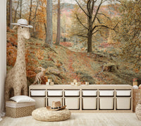 The ground is covered with fallen leaves.

