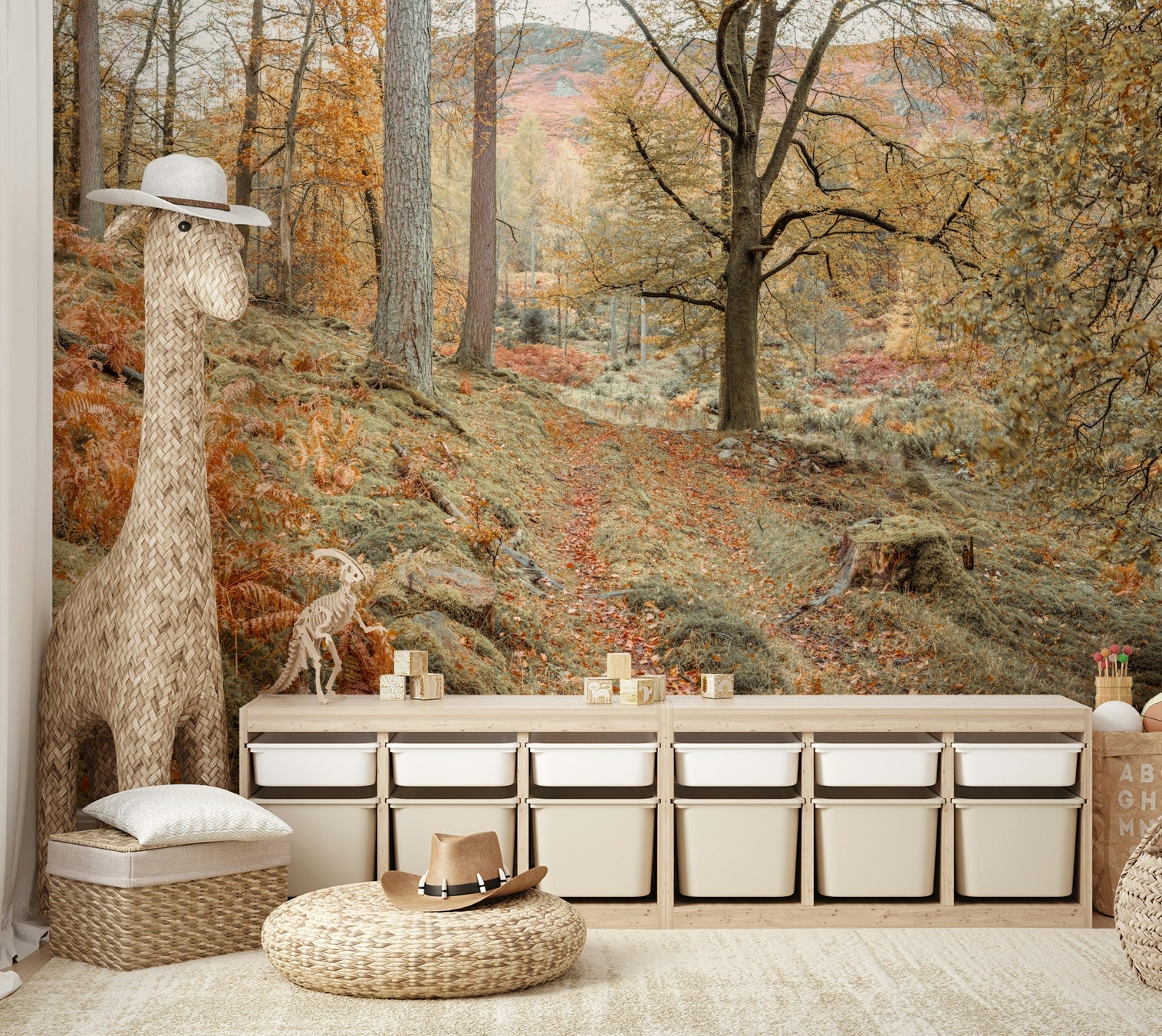 The ground is covered with fallen leaves.

