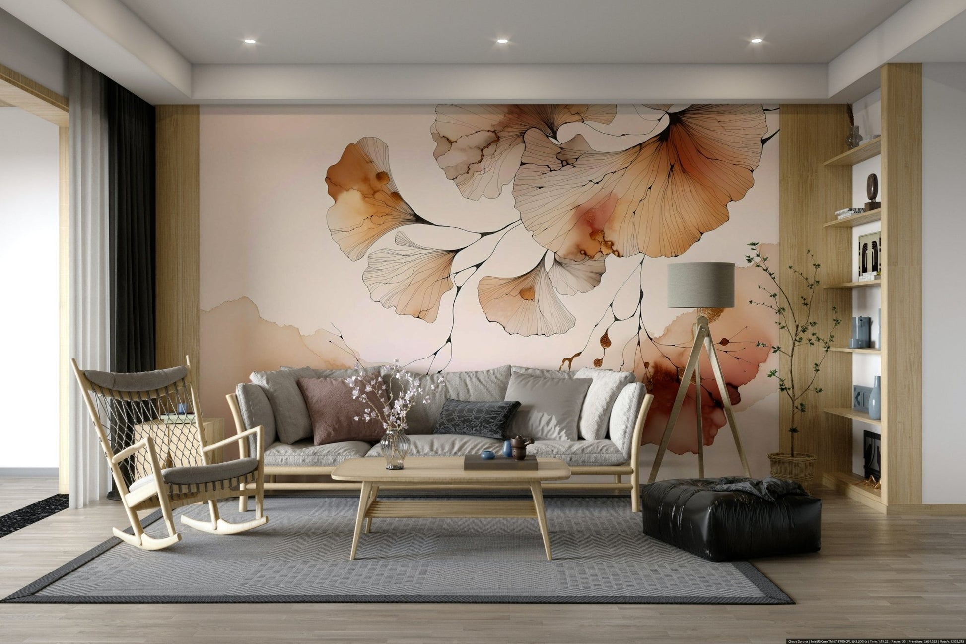 Dreamy amber ginkgo leaf pattern for wall murals.

