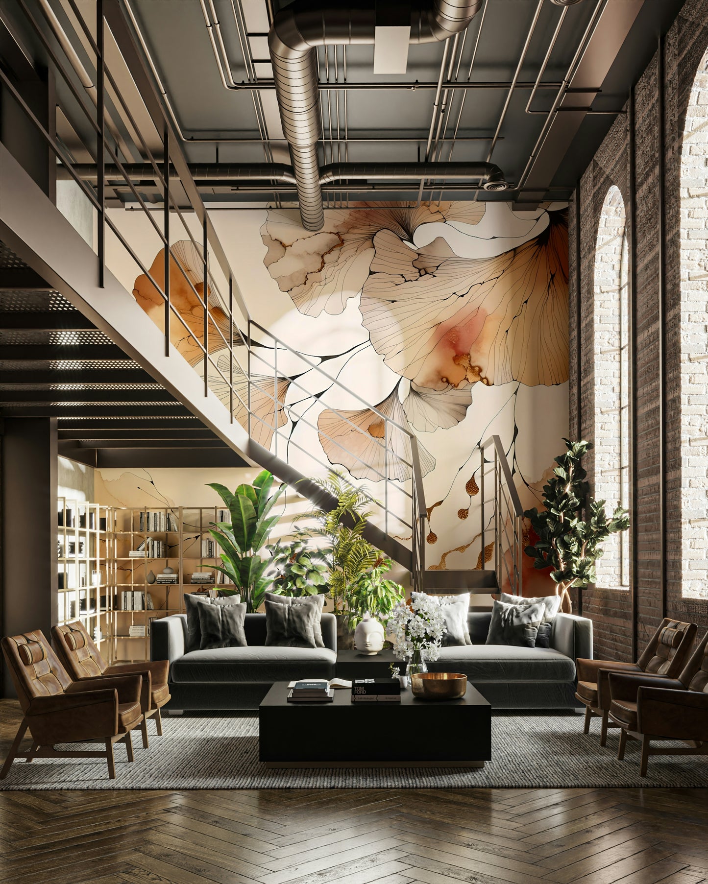 Unique ginkgo dreams mural in rich amber shades.

