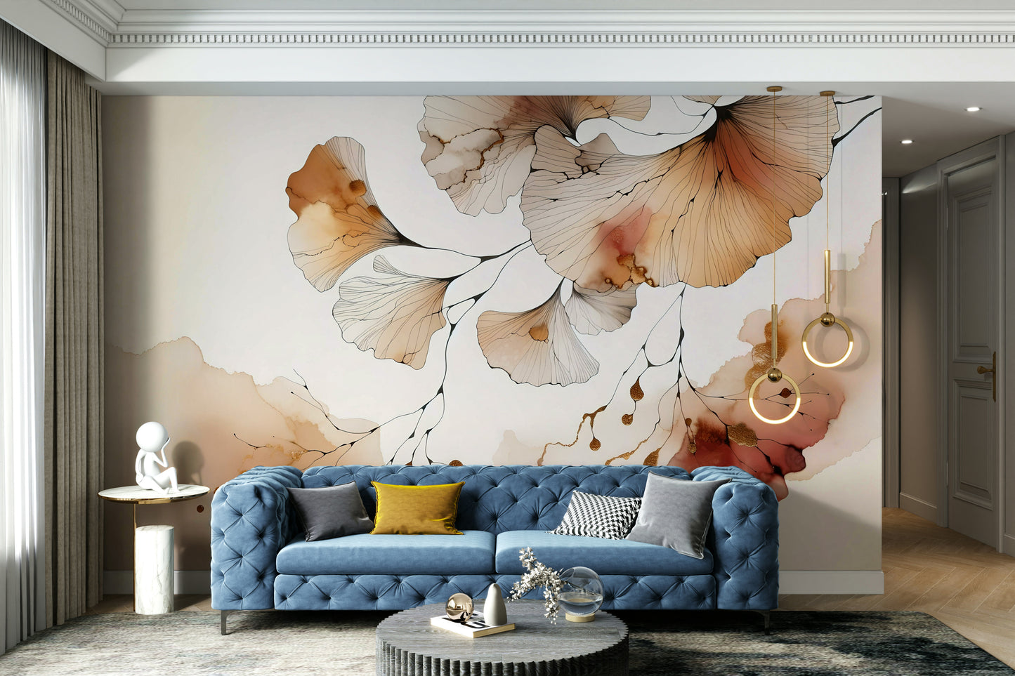 Ginkgo leaf wall mural in amber tones for living rooms.

