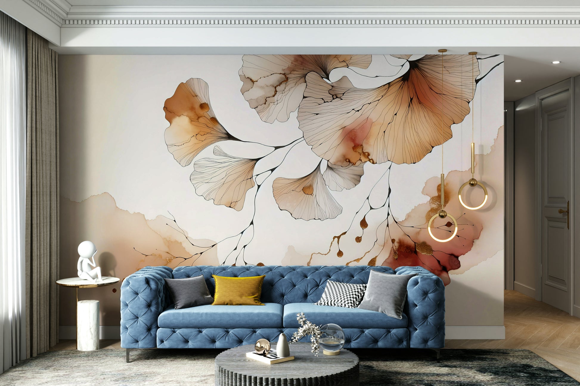 Ginkgo leaf wall mural in amber tones for living rooms.

